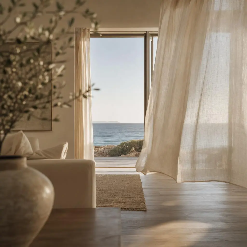 Sunlit living room with sheer curtains and a view of the sea